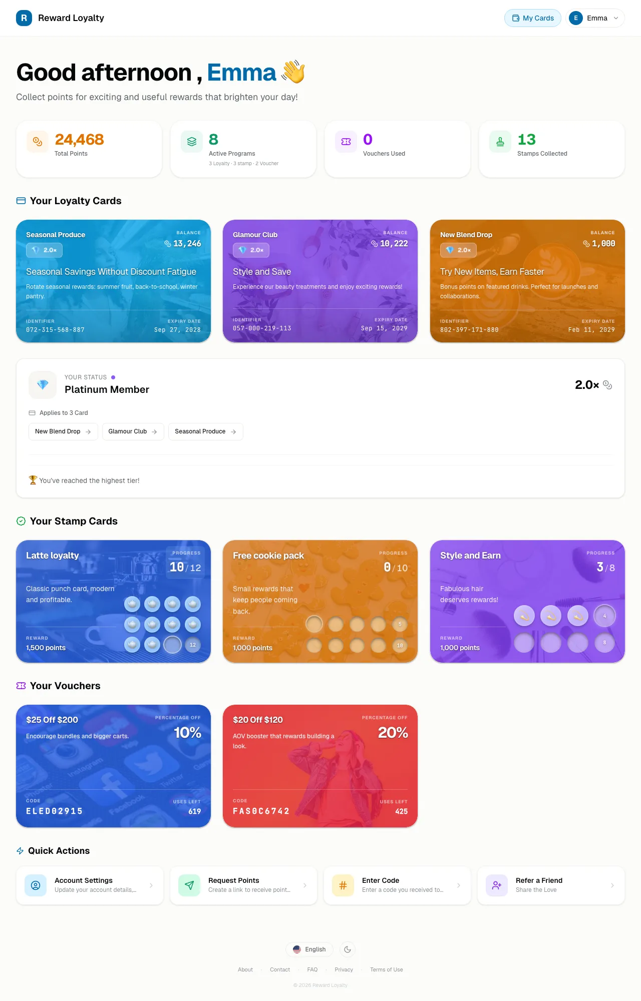 LoyalNext — Full member dashboard with loyalty cards, stamps, vouchers, and tier status