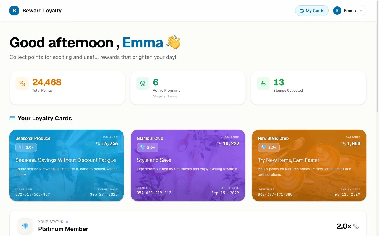 LoyalNext — Member wallet showing loyalty cards, points balance, and tier status