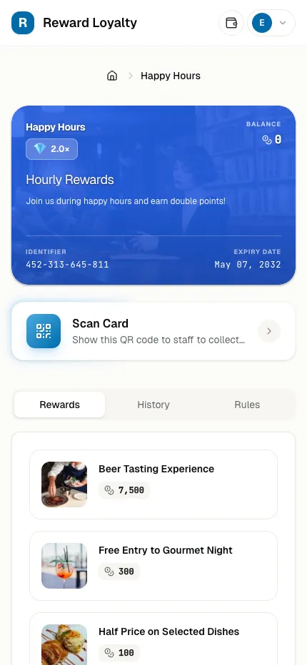 LoyalNext mobile — Loyalty card with available rewards
