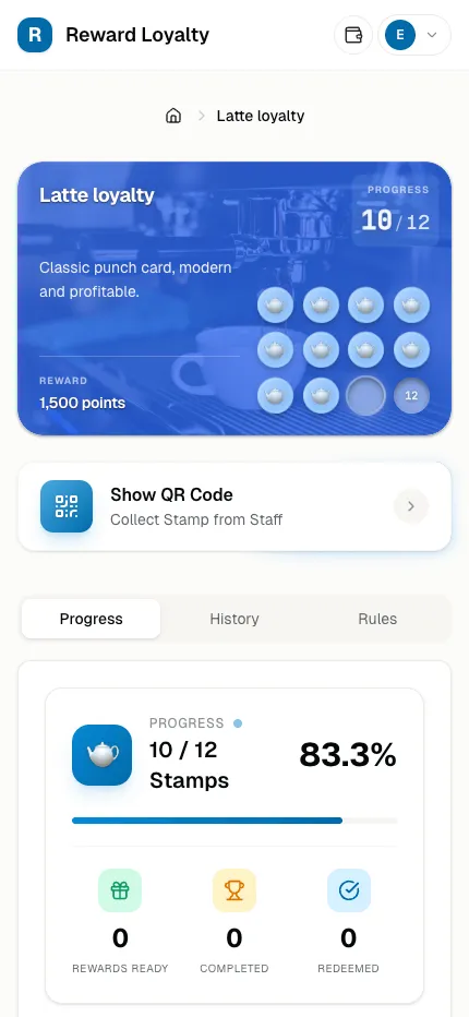 LoyalNext mobile — Digital stamp card with progress tracking